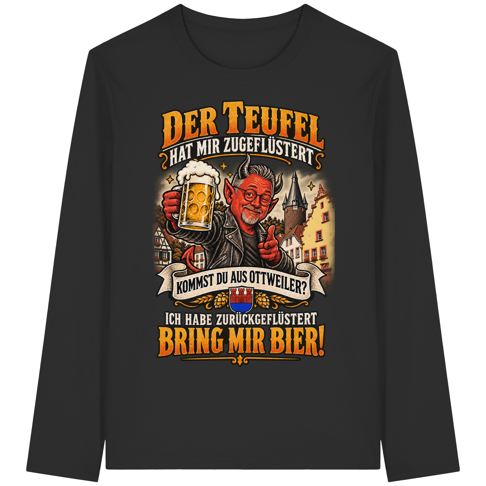 Schwarzes Organic Longsleeve mit Ottweiler-Teufelmotiv und dem Spruch „Bring mir Bier!“