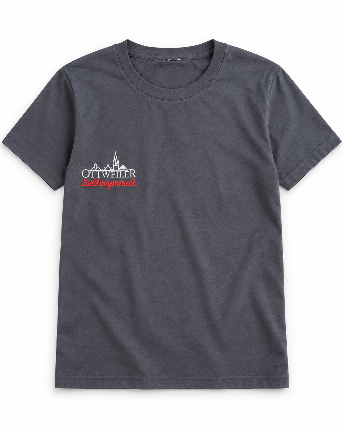 Dunkelgraues Ottweiler Lieblingsmensch T-Shirt mit weißer Ottweiler-Silhouette und rotem Schriftzug „Lieblingsmensch“ auf der linken Brust